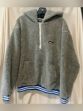 XLARGE Streetwear Gray Sherpa Half-Zip Hoodie with Stripe Hem Size Medium